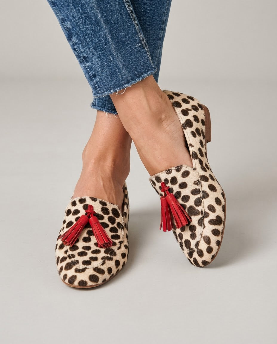 Aurora Moccasin | Cream Polka Dots, Red Tassels