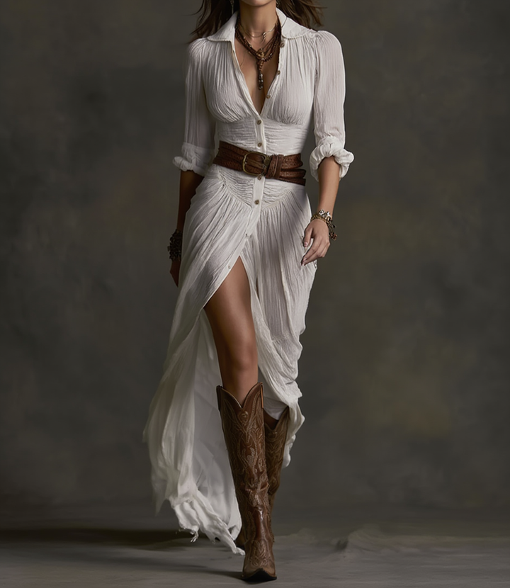 Aurore | Long Linen Dress with Reverse Collar