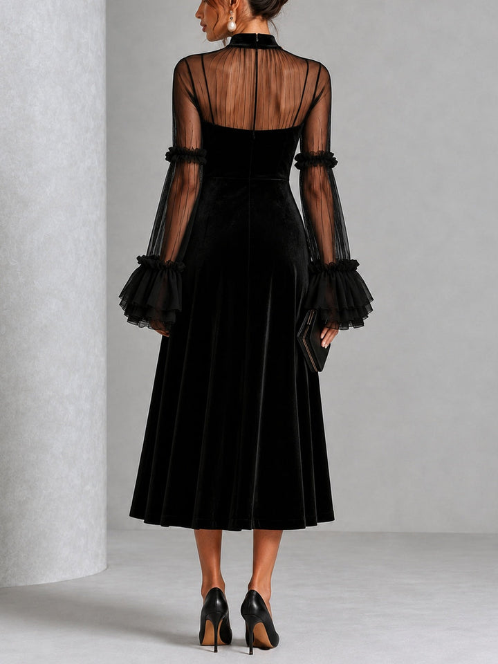 Berenice | Velvet Midi Dress with Tulle Sleeves