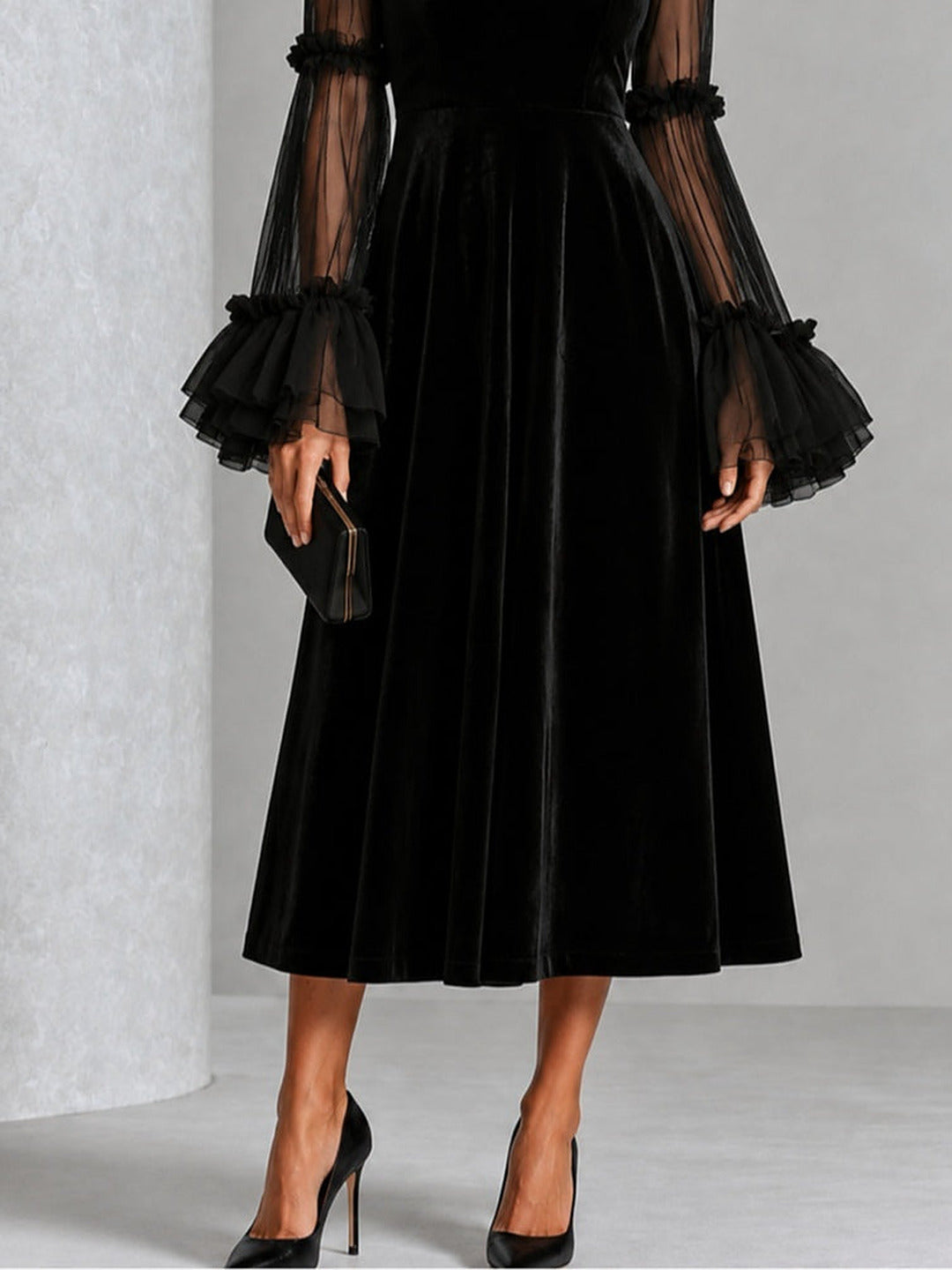 Berenice | Velvet Midi Dress with Tulle Sleeves
