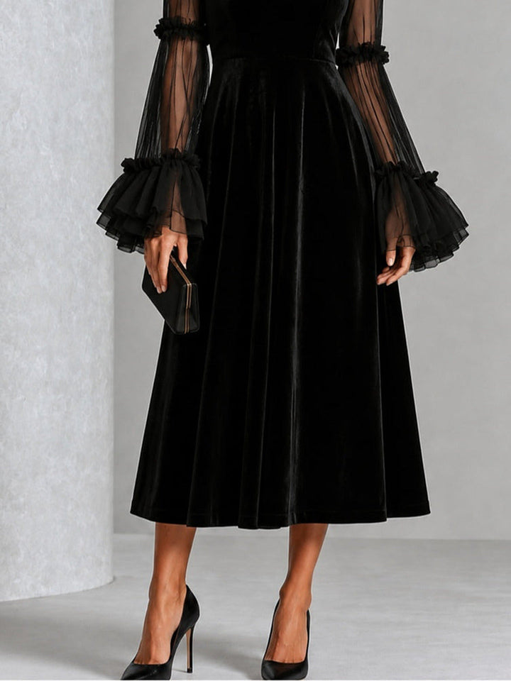 Berenice | Velvet Midi Dress with Tulle Sleeves