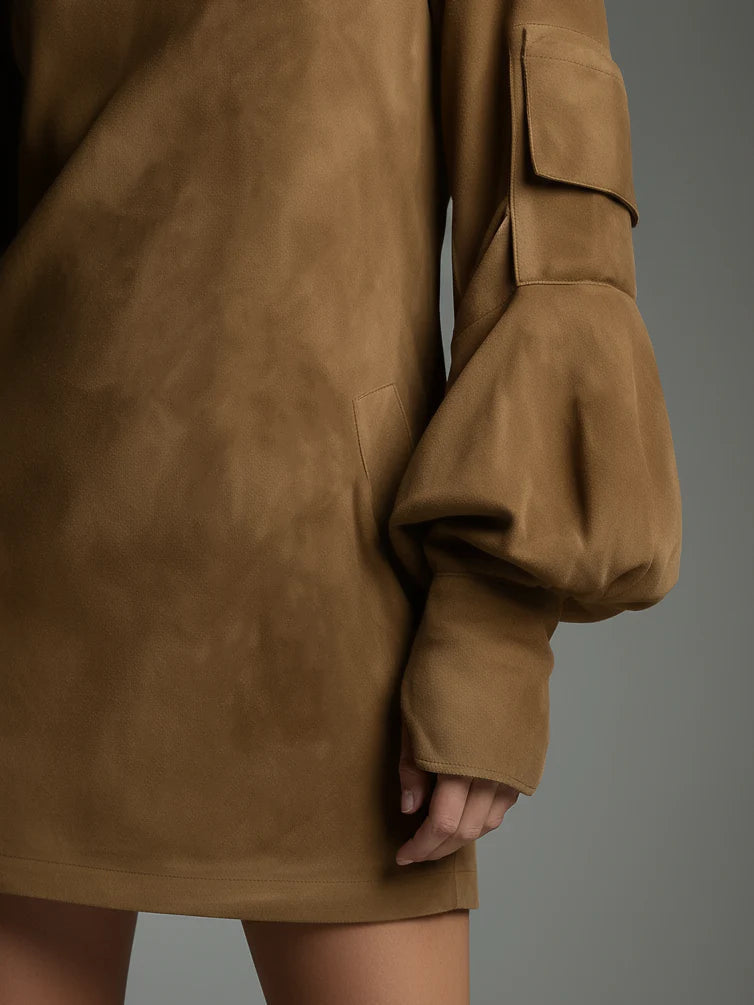 Bibiane | Oversized Mini Dress in Suede with High Collar