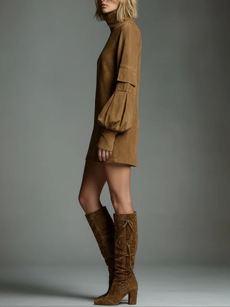 Bibiane | Oversized Mini Dress in Suede with High Collar