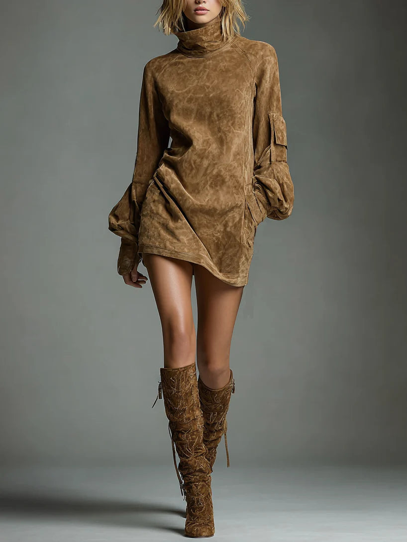 Bibiane | Oversized Mini Dress in Suede with High Collar