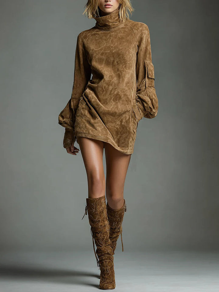 Bibiane | Oversized Mini Dress in Suede with High Collar