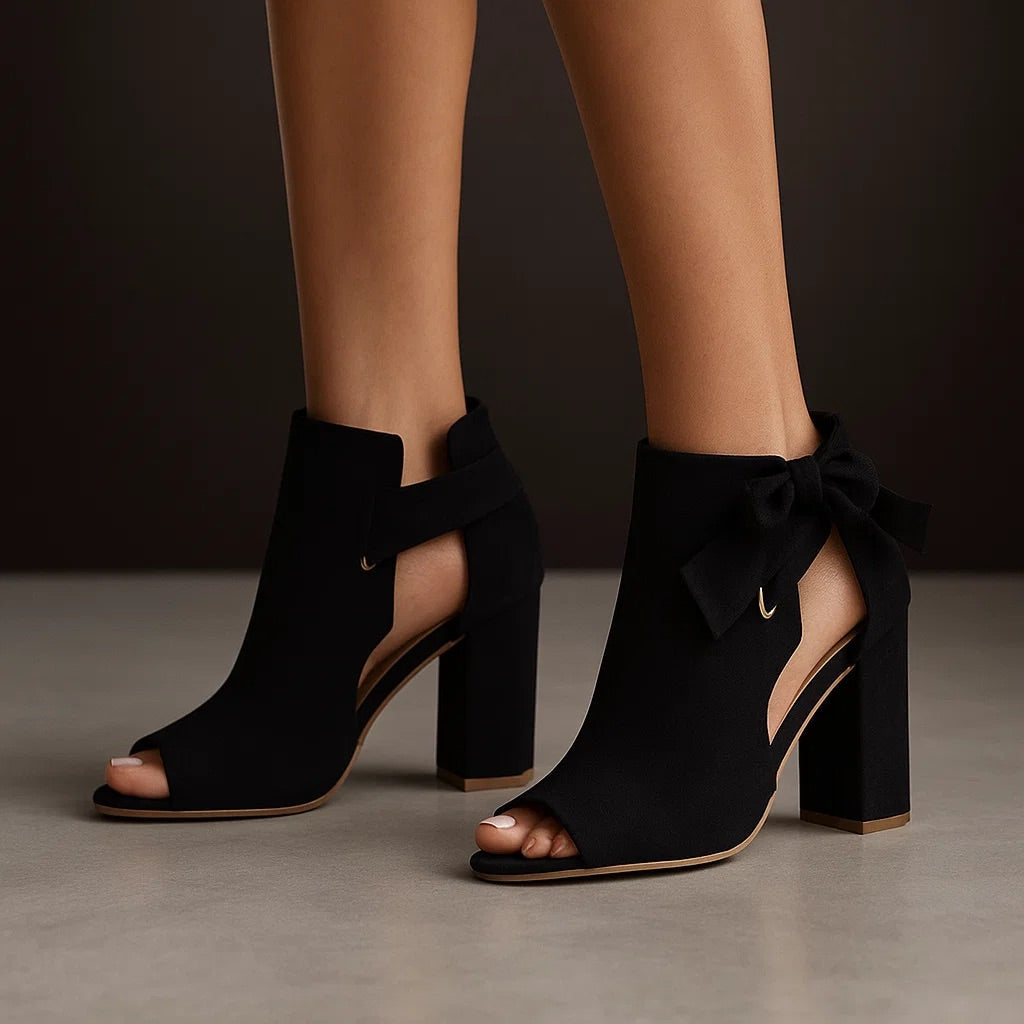 Callie | Suede Peep-Toe Block Heel Sandals With Ankle Bow