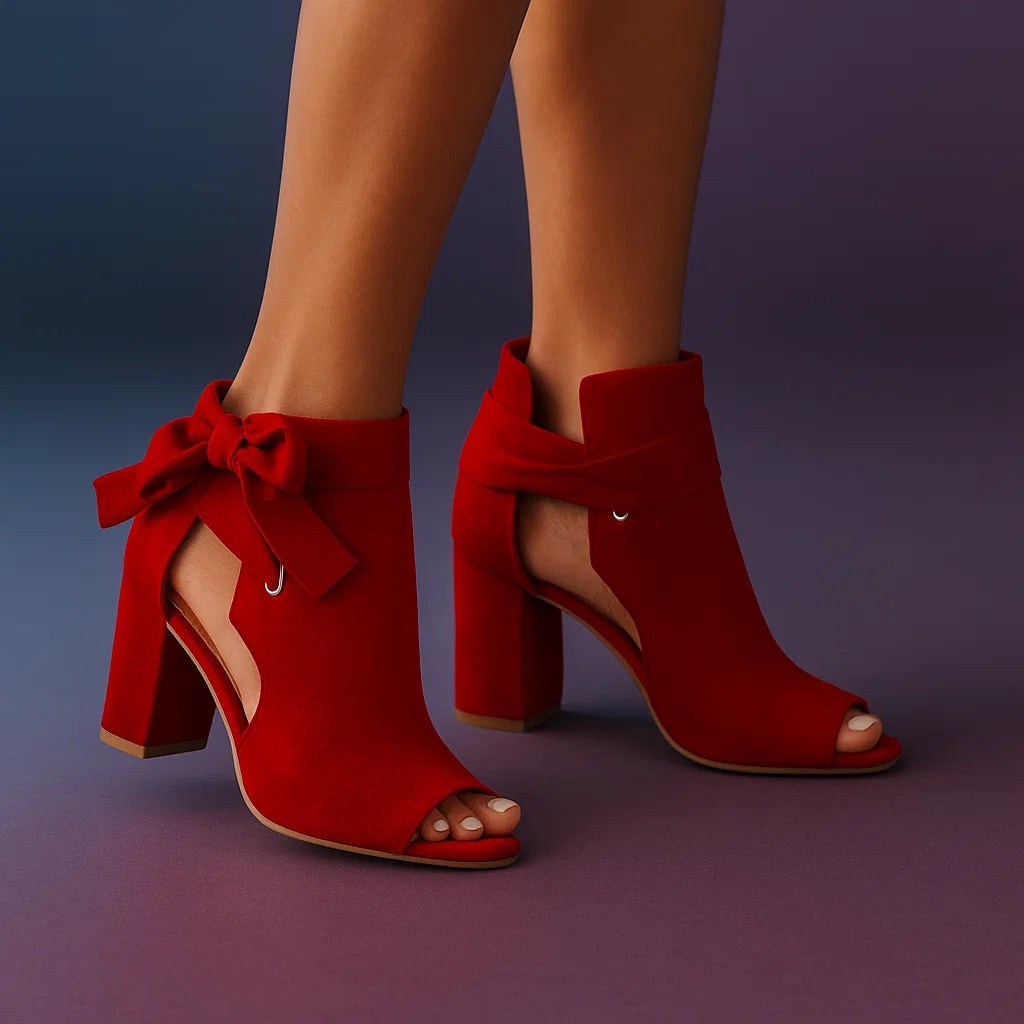 Callie | Suede Peep-Toe Block Heel Sandals With Ankle Bow