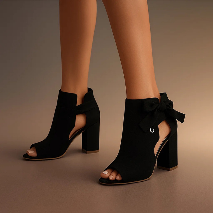 Callie | Suede Peep-Toe Block Heel Sandals With Ankle Bow
