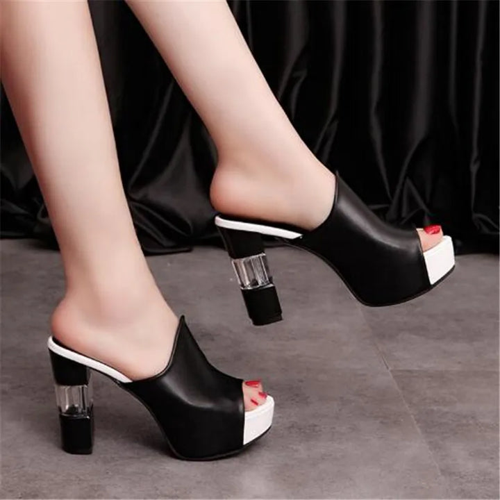 Christal | Leather Peep Toe Platform Mules