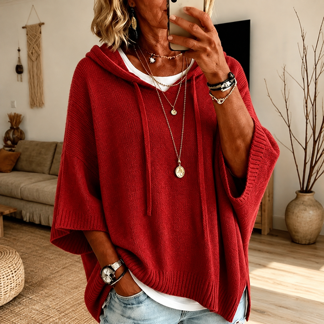 Clemence | Red Hooded Poncho Sweater