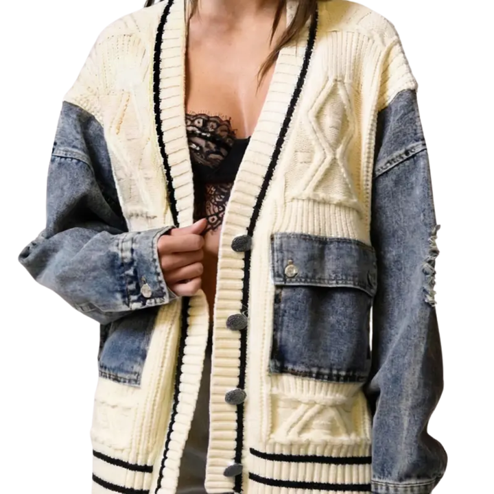 Eloise | Relaxed Denim Patchwork Knit Cardigan