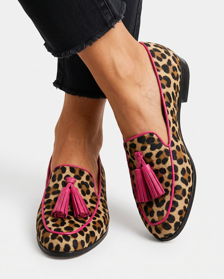 Fiamma Moccasin | Leopard Print with Fuchsia Trim and Tassels