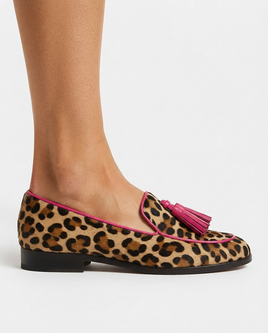 Fiamma Moccasin | Leopard Print with Fuchsia Trim and Tassels