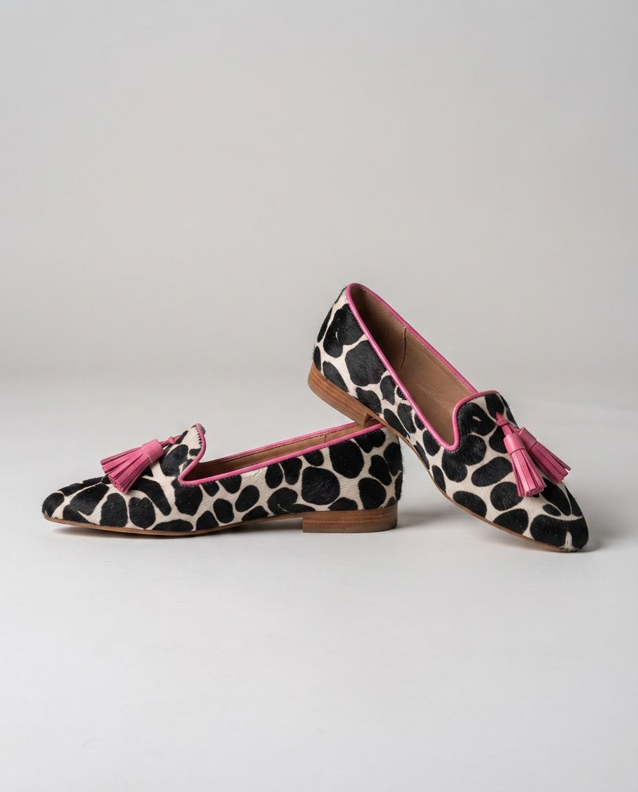 Ginevra Loafers | Black and White Cow Print, Pink Tassels