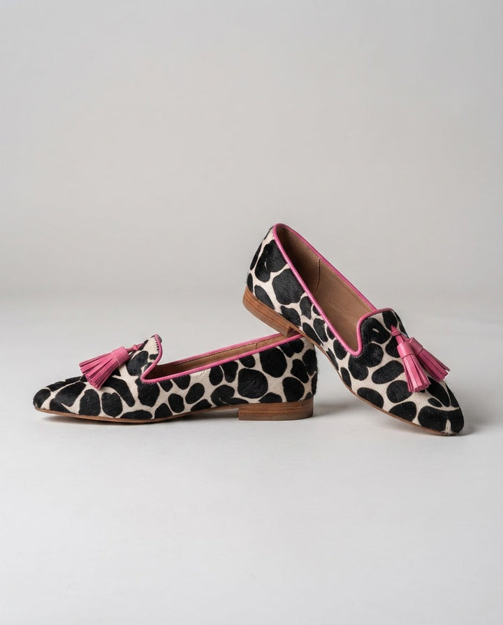 Ginevra Loafers | Black and White Cow Print, Pink Tassels
