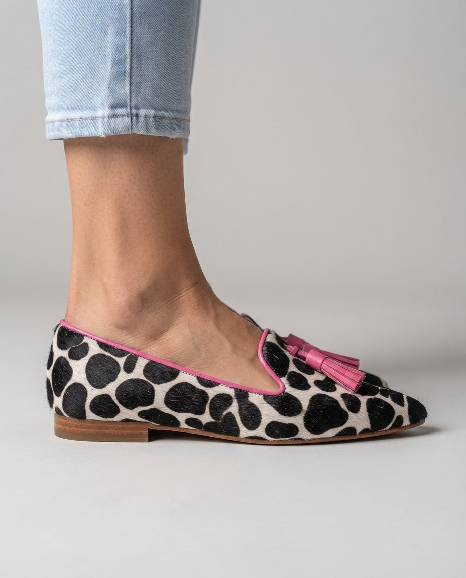 Ginevra Loafers | Black and White Cow Print, Pink Tassels