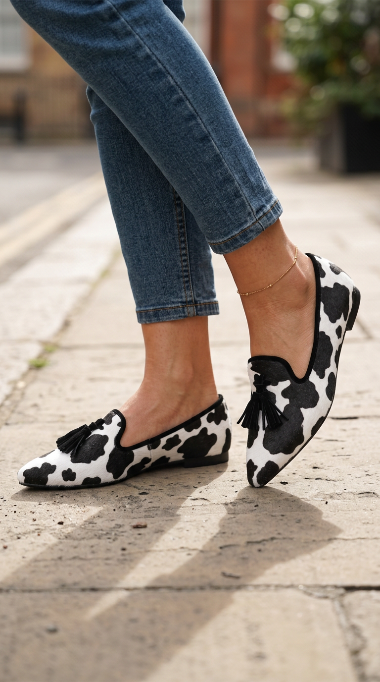 Ginevra Moccasin | Black and White Cow Print, Black Tassels