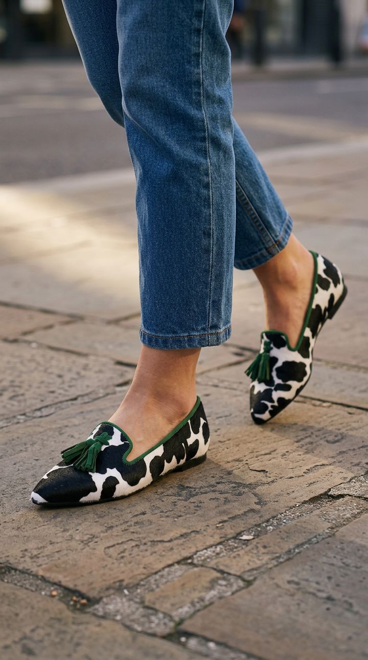 Ginevra Moccasin | Black and White Cow Print, Green Tassels