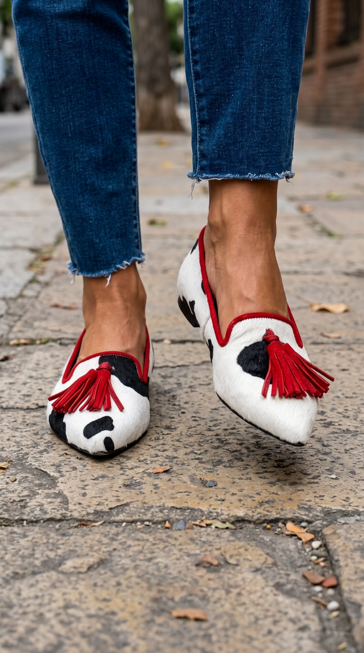 Ginevra Moccasin | Black and White Cow Print, Red Tassels