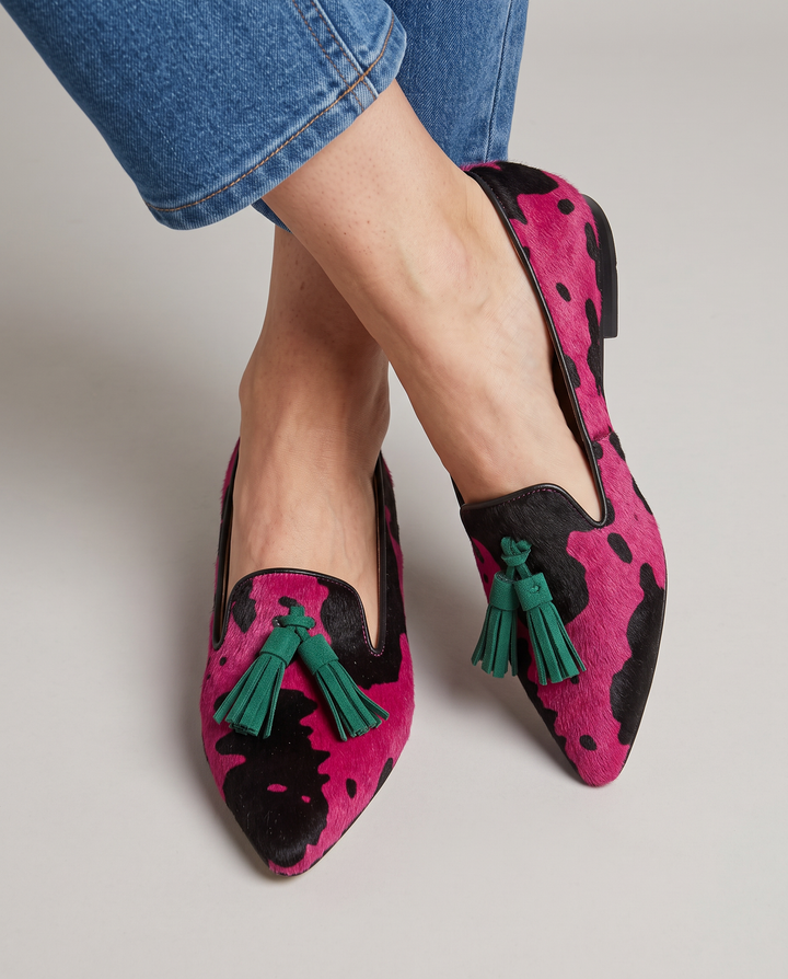 Ginevra Moccasin | Fuchsia Cow, Green Tassels