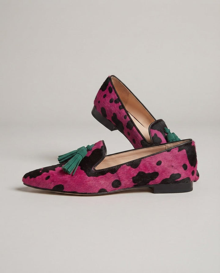 Ginevra Moccasin | Fuchsia Cow, Green Tassels