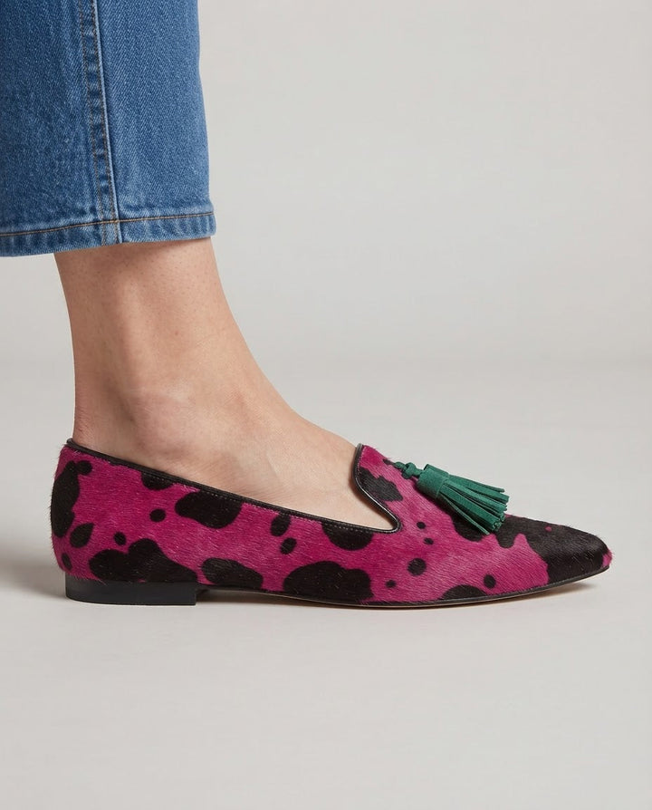 Ginevra Moccasin | Fuchsia Cow, Green Tassels