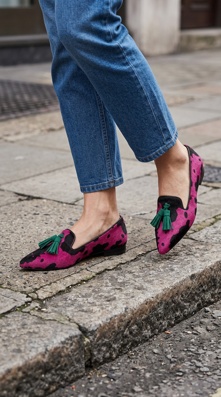 Ginevra Moccasin | Fuchsia Cow, Green Tassels
