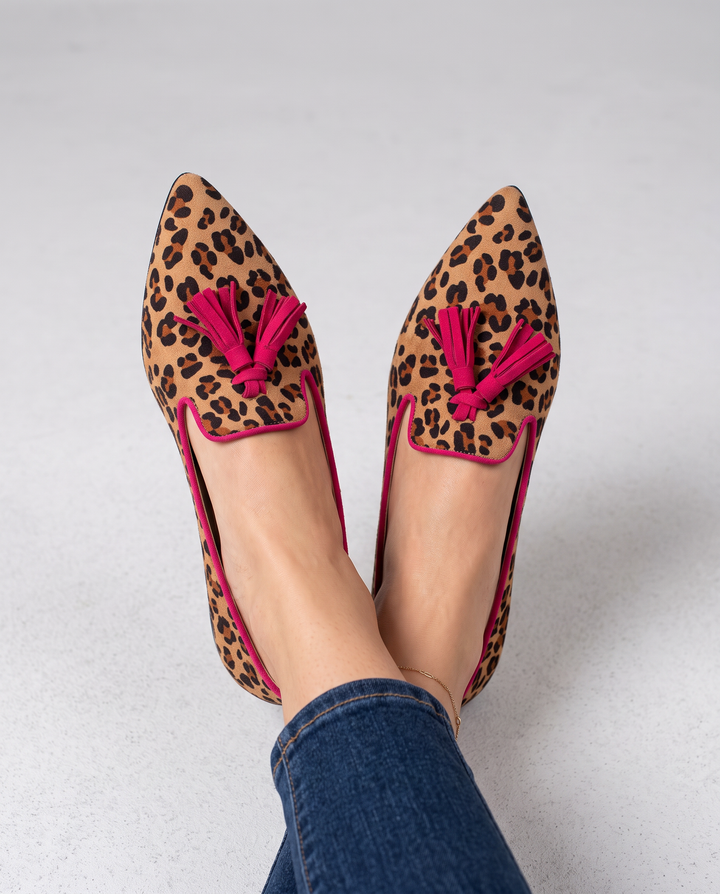 Ginevra Moccasin | Suede Leopard Print, Fuchsia Tassels