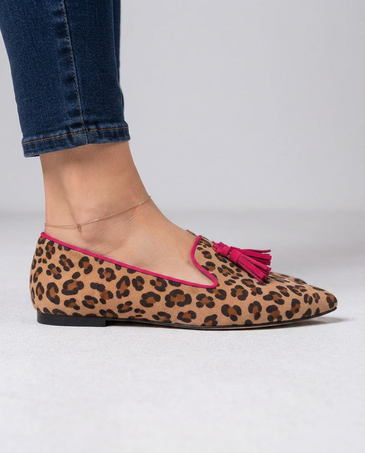 Ginevra Moccasin | Suede Leopard Print, Fuchsia Tassels