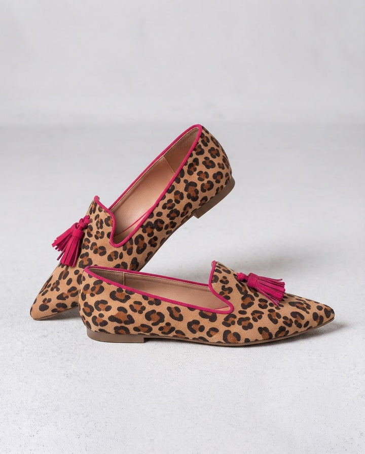 Ginevra Moccasin | Suede Leopard Print, Fuchsia Tassels