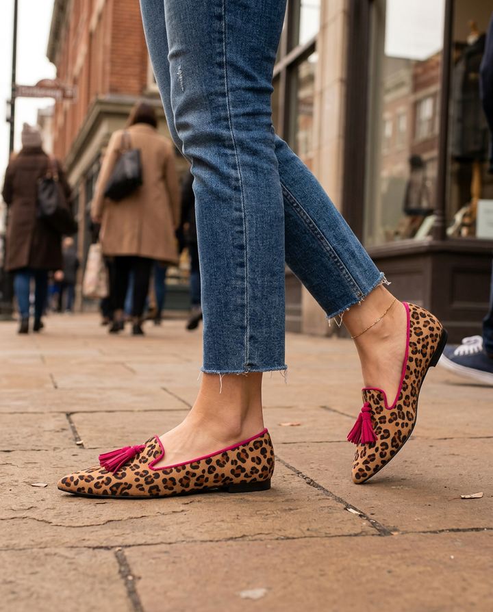 Ginevra Moccasin | Suede Leopard Print, Fuchsia Tassels