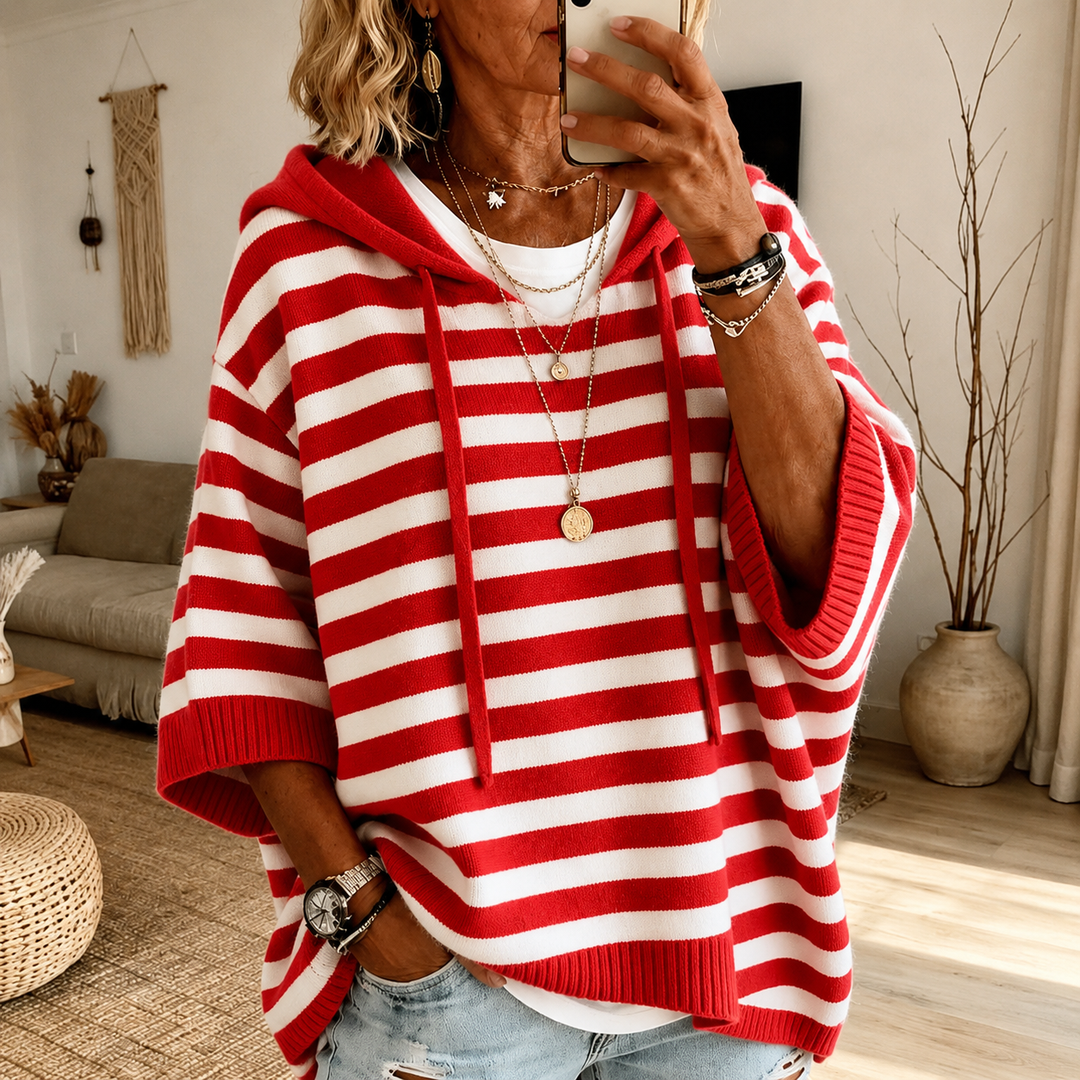Gisele | Red Striped Hooded Poncho Sweater