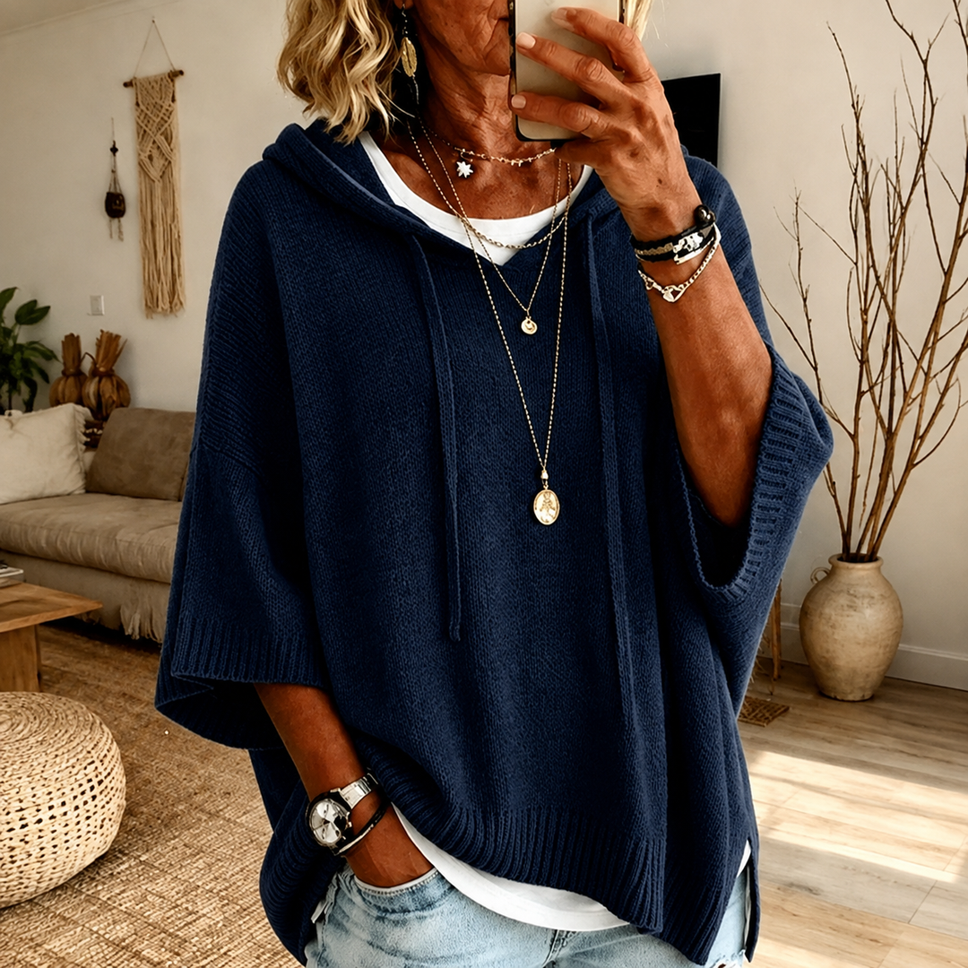 Josette | Navy Blue Hooded Poncho Sweater