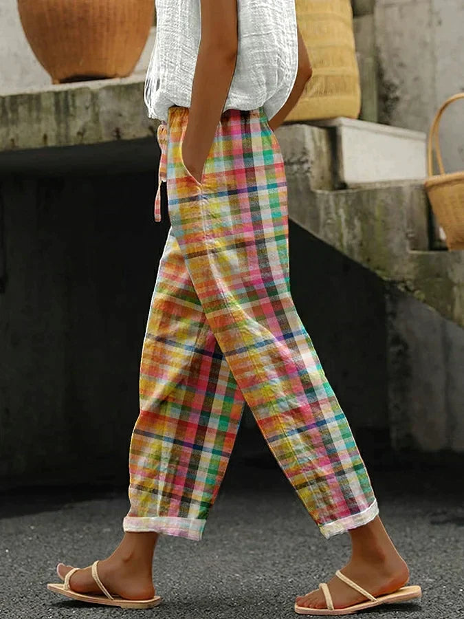 Kath | Checked Pants with Elastic Waist and Tie Closure