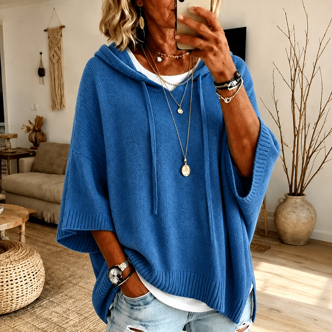 Lucille | Blue Hooded Poncho Sweater