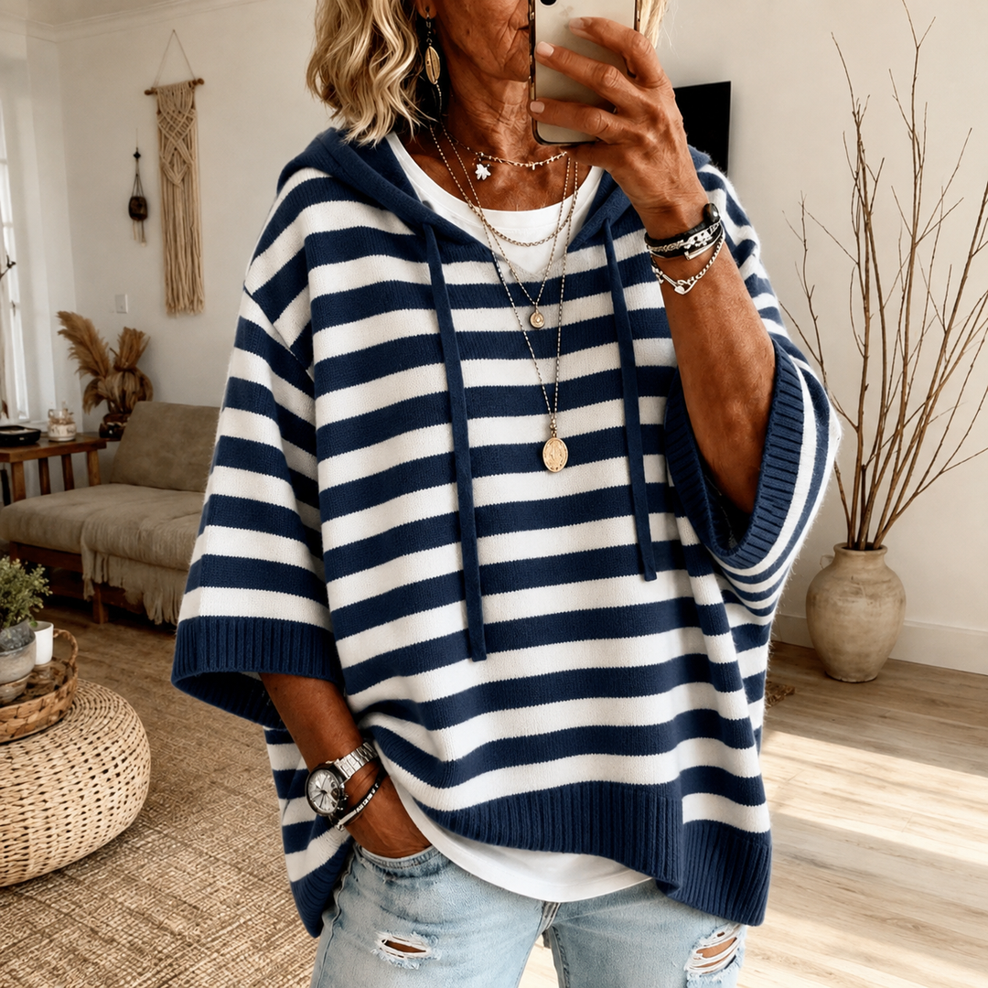 Maelle | Navy Striped Hooded Poncho Sweater