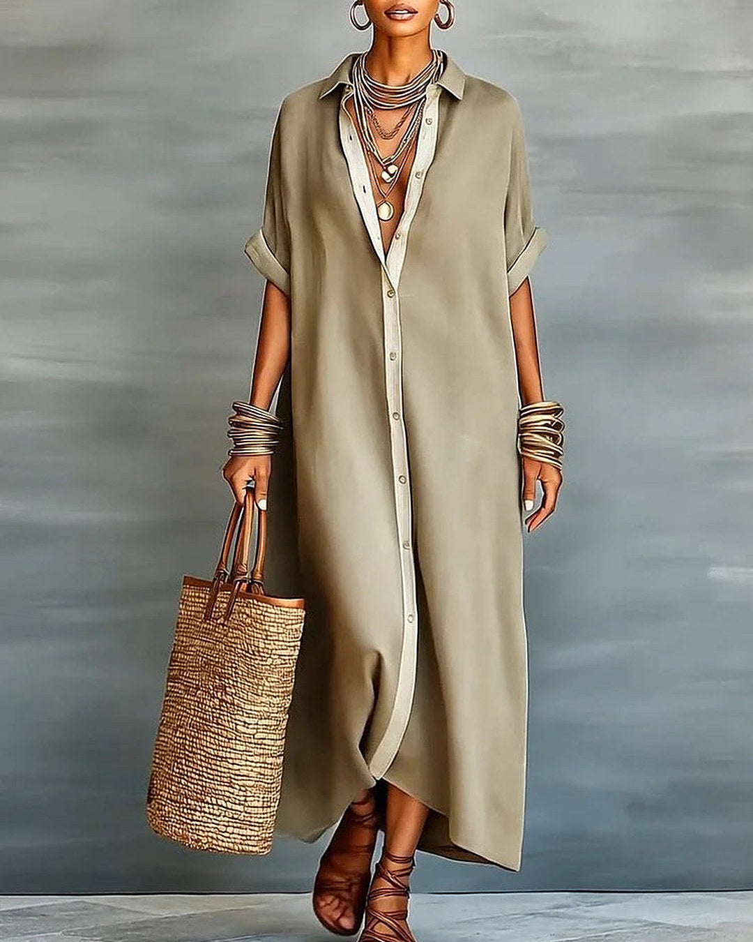 Manuela | Contrast-Trim Maxi Shirt Dress
