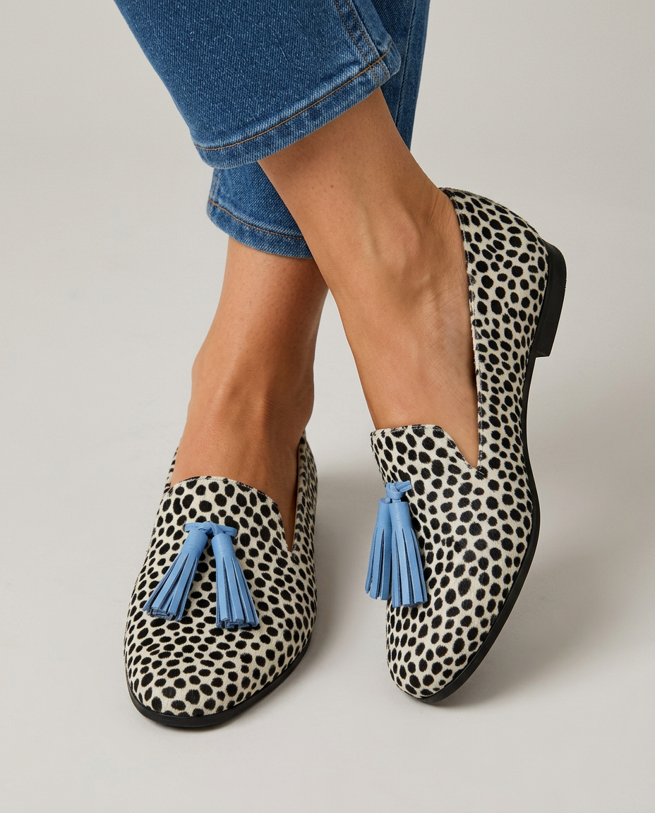 Nadia Moccasins | Black and White Leopard with Light Blue Tassels