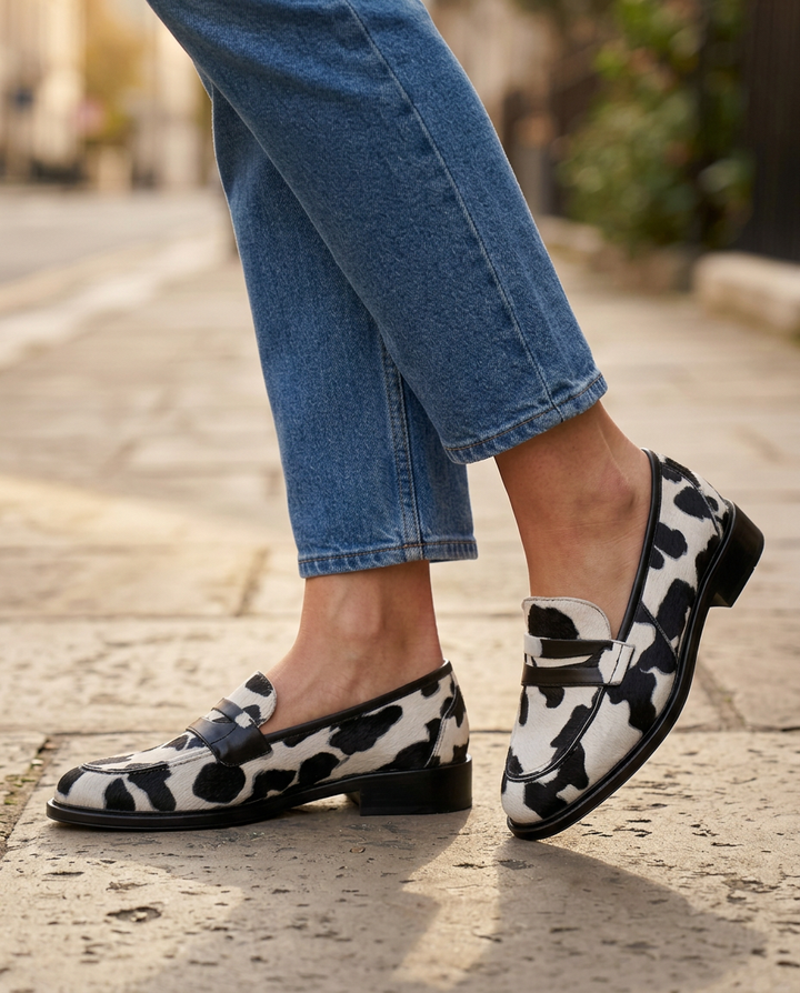 Nives Moccasin | Cow Print with Penny Loafer