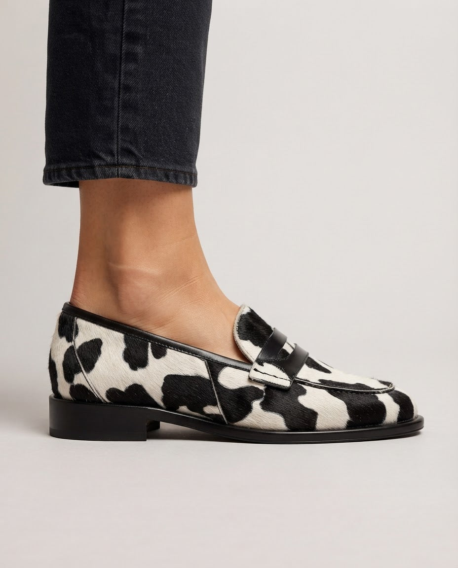 Nives Moccasin | Cow Print with Penny Loafer