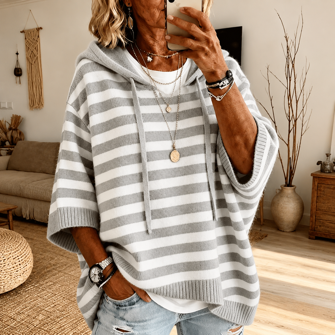 Odile | Gray Striped Hooded Poncho Sweater
