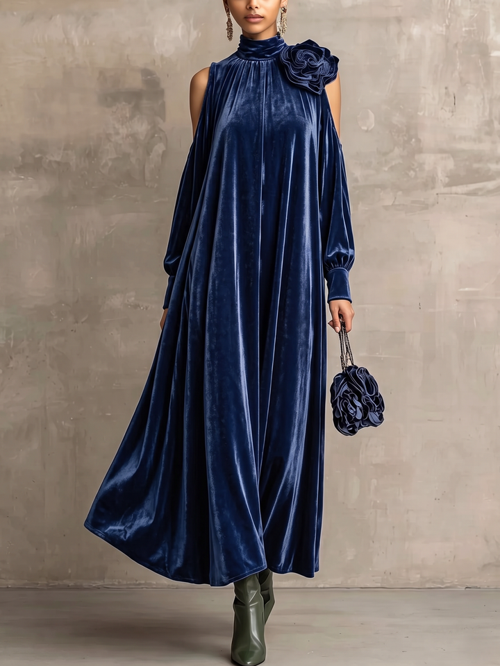 Simonetta | Pleated Maxi Dress with Floral Shoulder