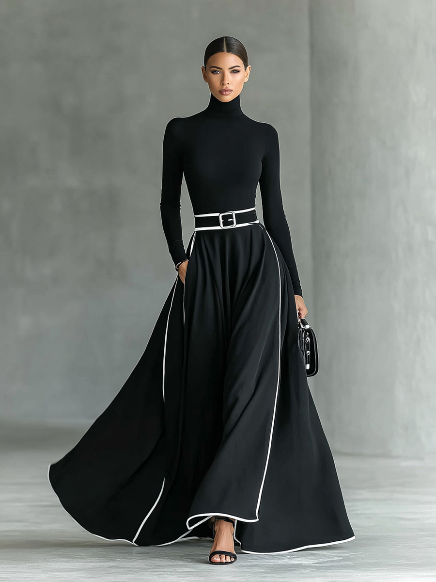 Susanna | Belted Contrast-Trim Maxi Dress