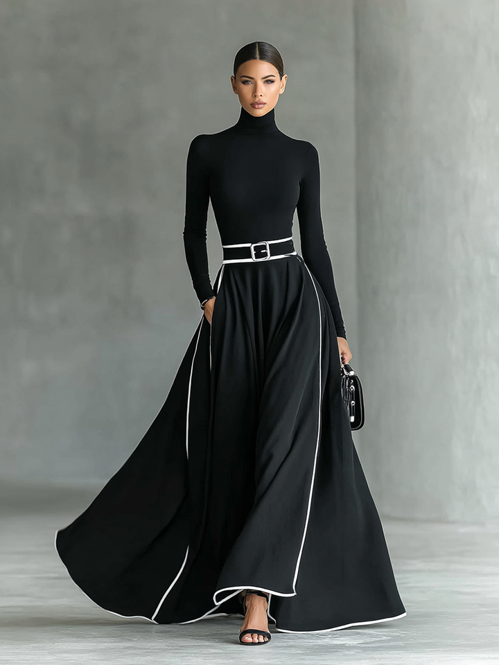 Susanna | Belted Contrast-Trim Maxi Dress