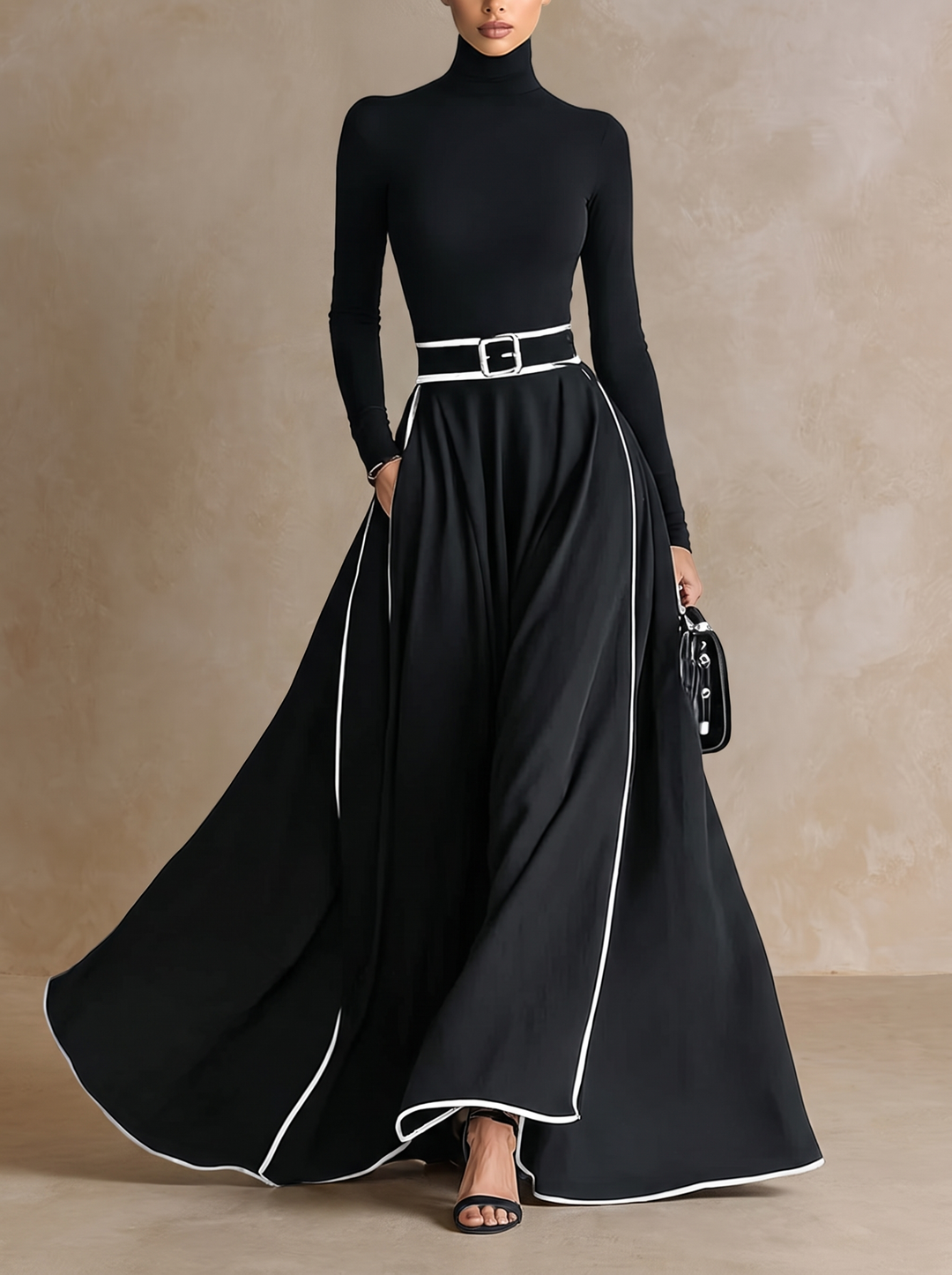 Susanna | Belted Contrast-Trim Maxi Dress