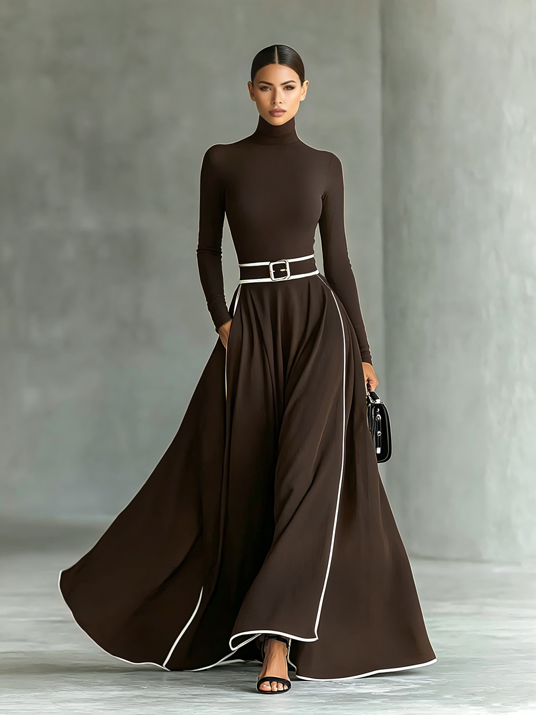 Susanna | Belted Contrast-Trim Maxi Dress