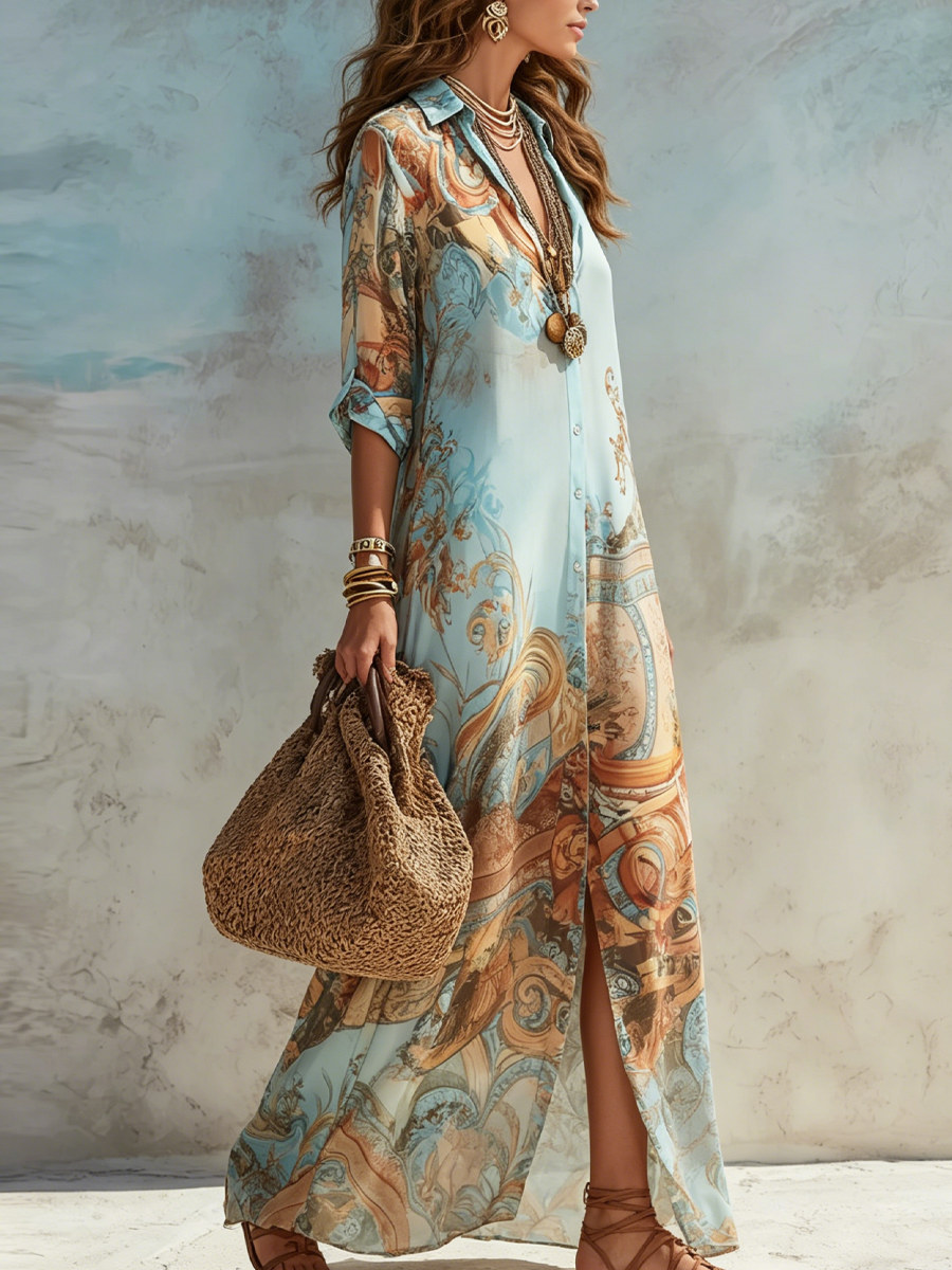 Velia | Baroque Print Shirt Maxi Dress