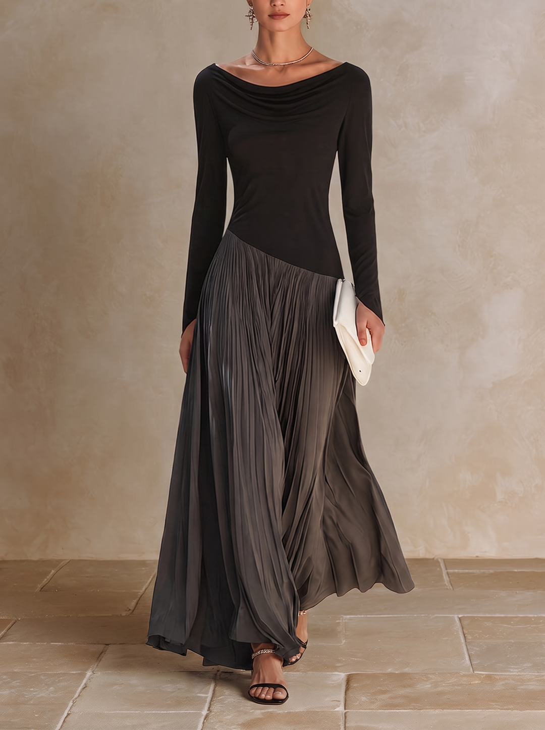 Virginia | Draped-Neck Pleated Maxi Dress