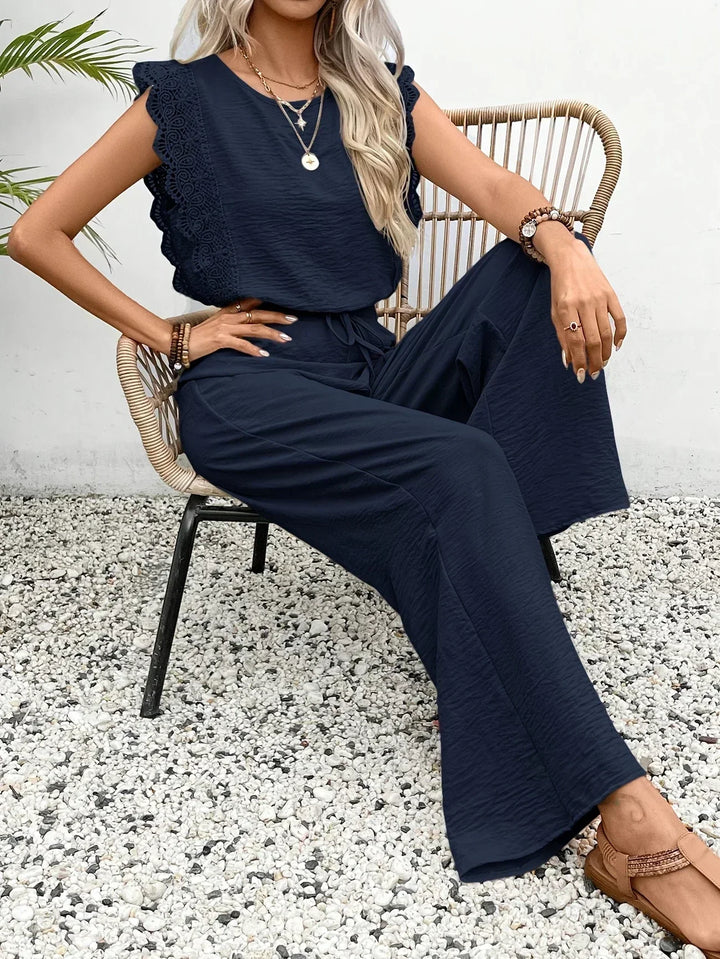 Zella Elegant Two-Piece Set | Lace-Trimmed Top and Wide-Leg Trousers