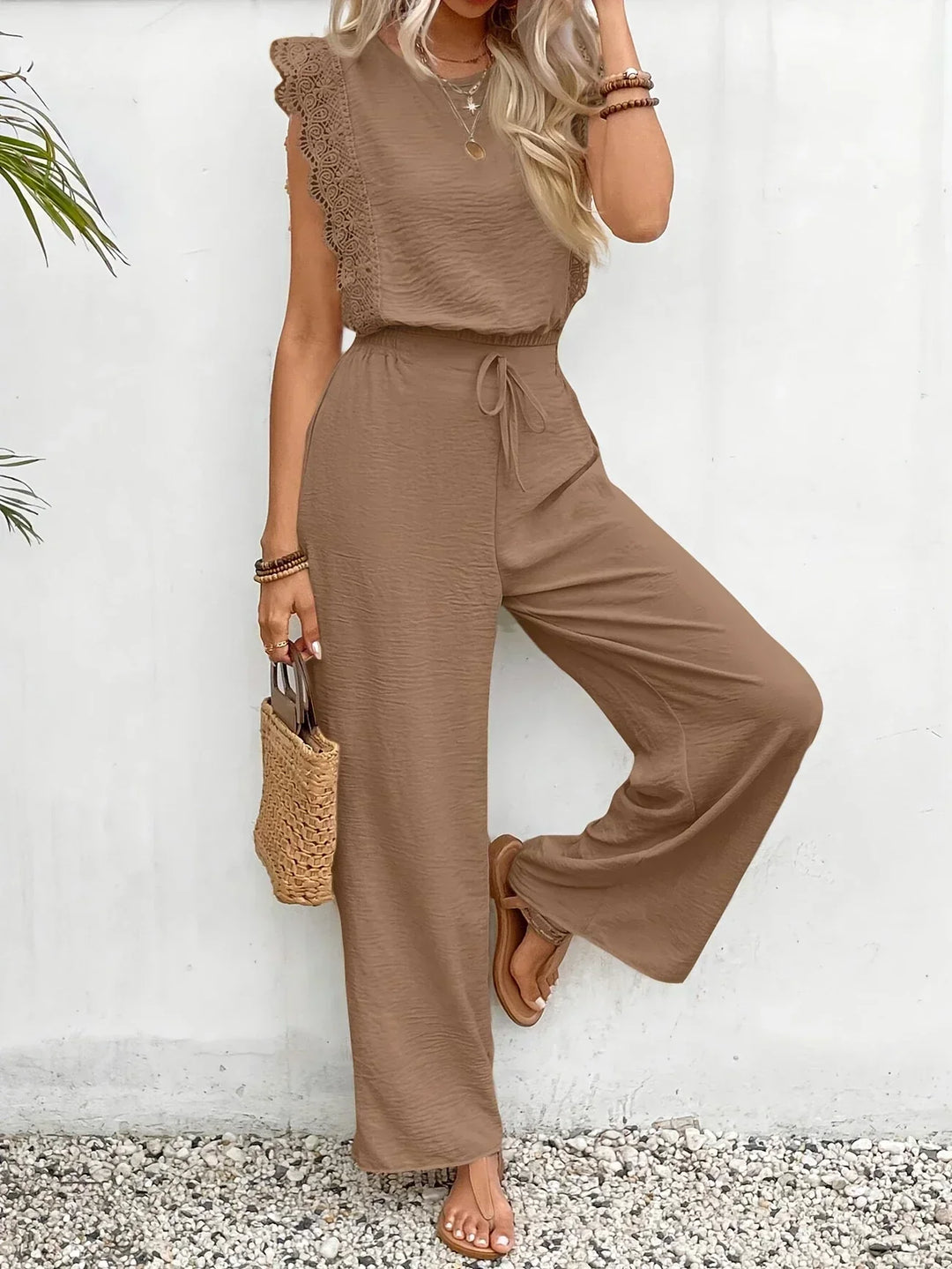 Zella Elegant Two-Piece Set | Lace-Trimmed Top and Wide-Leg Trousers